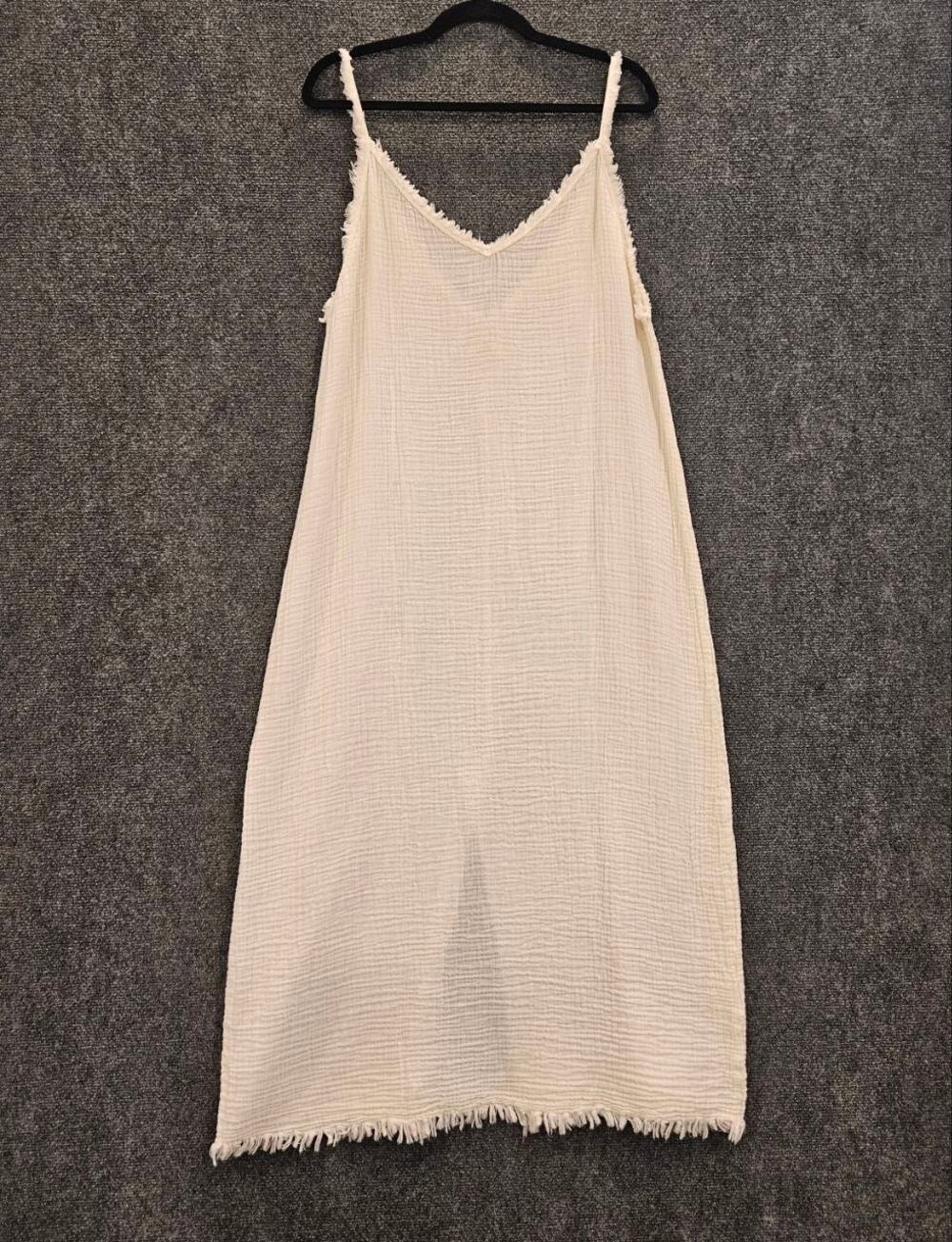 IKKIZ 100% Cotton Gauze Frayed Trim Midi Slip Dress | Ivory Boho Beach Dress